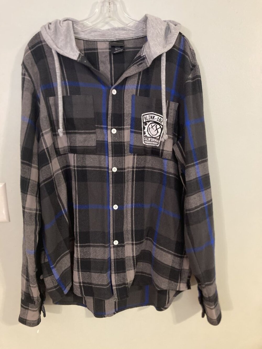 Blink-182 Hooded Plaid Button-Up Shirt Mens Size Large Gray & Blue Cotton Blend